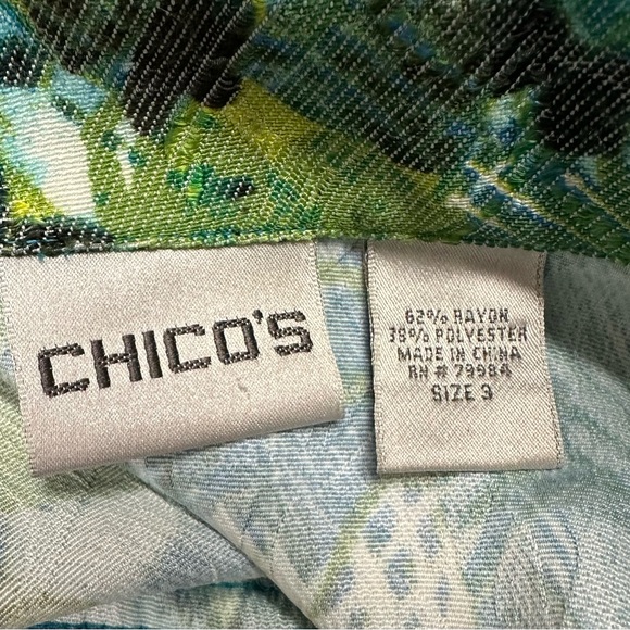 Women's Chico's Snap Front Jean Jacket Tropical Print Size 3 XL Blues & Greens - Picture 7 of 8